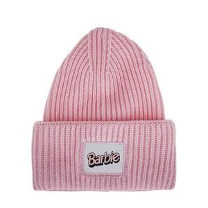 Barbie Ladies Oversized Cuff‎ Beanie Soft Pink Woven Patch Women Winter Snow